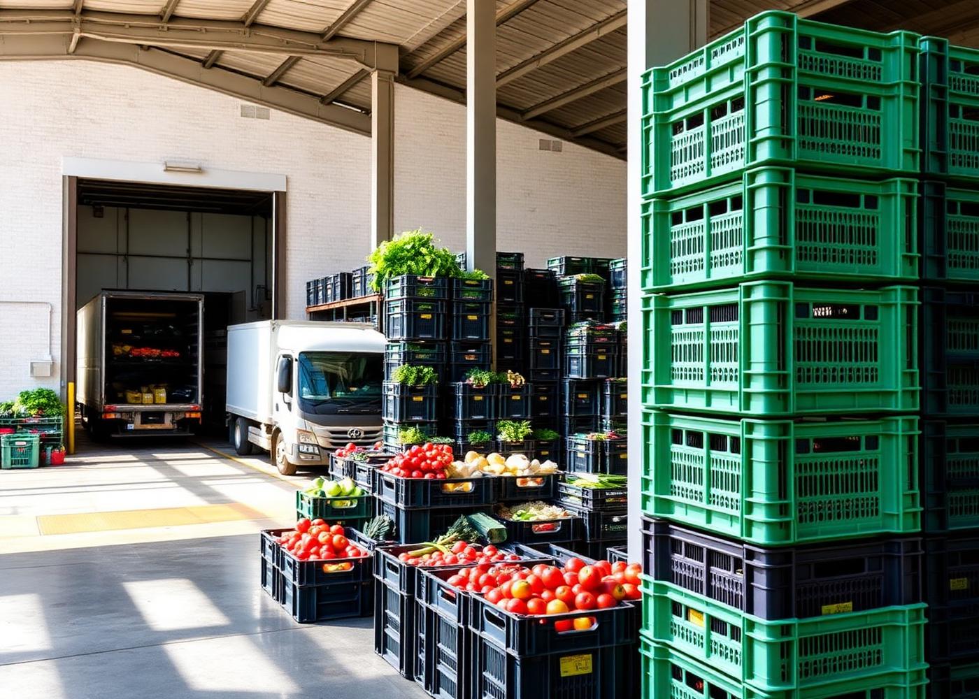 Armazém com caixas de fruta e legumes prontos para distribuição